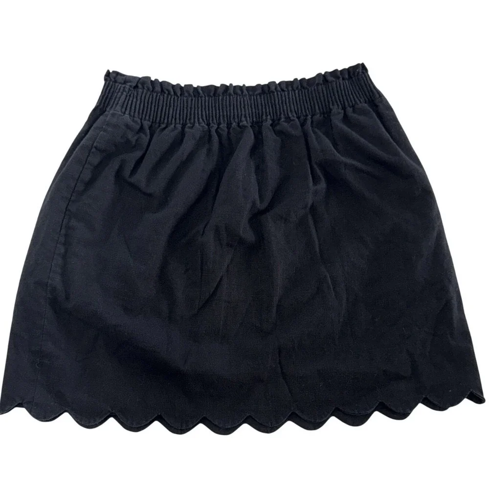 J. Crew Skirt Women 6 Black Scalloped‎ Hem Mini Linen Cotton Pull On H5397